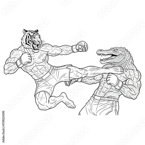 Black and white illustration of an intense martial arts battle between two anthropomorphic fighters — one with a tiger head and one with a crocodile head — both with muscular human bodies.