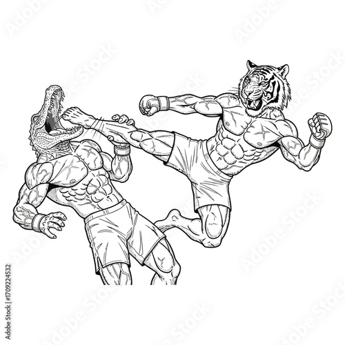 Black and white illustration of an intense martial arts battle between two anthropomorphic fighters — one with a tiger head and one with a crocodile head — both with muscular human bodies.