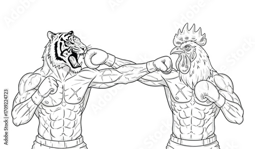 Black and white illustration of an intense boxing match between two anthropomorphic fighters — a muscular tiger and a muscular rooster — both with human-like bodies, wearing boxing gloves and shorts. 