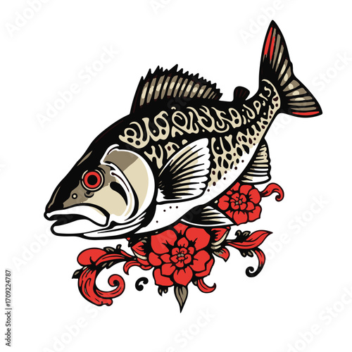 Traditional tattoo art print, vector silhouette of a Fish, black and white, on a crisp white background, featuring vibrant colors and a retro flair with complex ornamentation.