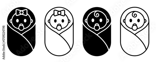 Newborn baby wrapped in blankets icon set vector isolated on white background. Baby care symbol.