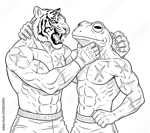 Black and white illustration of an anthropomorphic tiger and crocodile in an intense martial arts fight. The muscular tiger delivers a powerful flying kick to the crocodile’s jaw