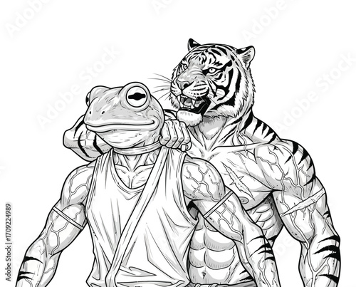 Black and white illustration of an anthropomorphic tiger and crocodile in an intense martial arts fight. The muscular tiger delivers a powerful flying kick to the crocodile’s jaw