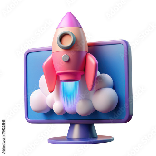 3d rocket launching from computer screen symbolizing startup growth and success isolated on transparent background