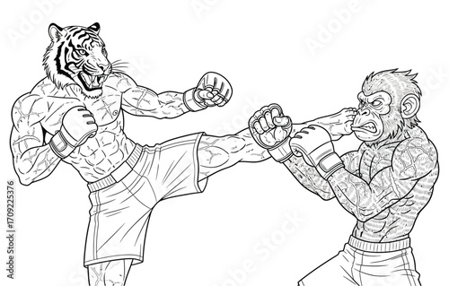 A dynamic black-and-white illustration of an intense martial arts battle between a muscular anthropomorphic tiger and ape. 