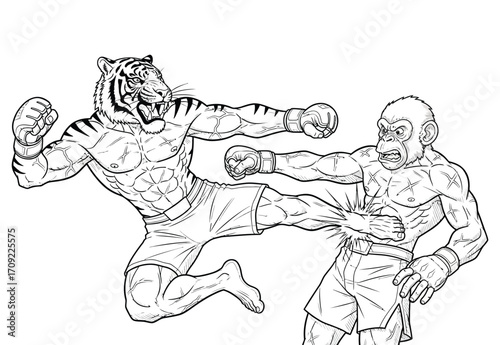 A dynamic black-and-white illustration of an intense martial arts battle between a muscular anthropomorphic tiger and ape. 