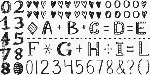 Hand drawn doodle alphabet letters numbers and symbols with hearts and dots on white background