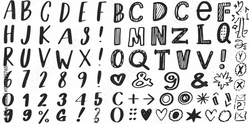 Hand drawn alphabet letters numbers symbols and punctuation marks in black ink