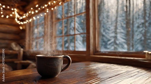 A cozy, rustic cabin interior with a large window showcasing a snowy forest. A steaming mug of hot cocoa sits on a polished wooden table, perfectly isolated in the foreground