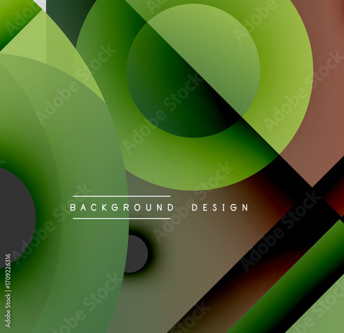 Abstract design features overlapping circles, gradients. Greens, browns dominate composition. Modern aesthetic, simple text overlay present.