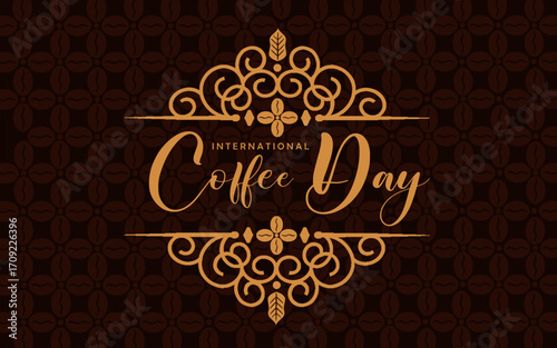 Classic International Coffee Day 2025 background with coffee bean pattern background and batik ornament. Ideal for marketing, advertising, banner and greeting templates
