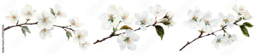 Obraz premium PNG White cherry blossoms on branches with green leaves element set on transparent background.