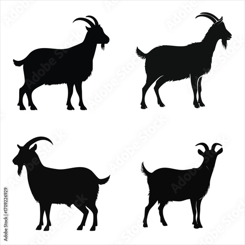 A versatile vector silhouette illustration showing a set of four distinct goat profiles, ideal for agricultural or zodiac designs.