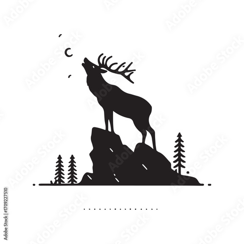 Vector art of silhouette of a stag howling at the moon on a rocky outcrop with pine trees