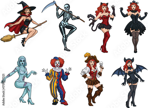 Pin-up Halloween girls set – witch, skeleton, vampire, zombie, clown, pirate, demon and cat-girl costumes. Ideal for stickers, posters, and spooky art projects