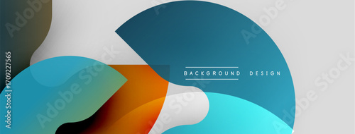 Abstract geometric shapes overlap, creating dynamic composition. Blue, orange, white hues dominate design. Minimalist style.