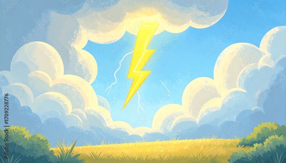 Obraz premium Cartoonish clouds, lightning, field