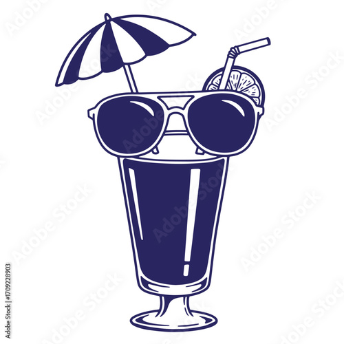 Stylish cartoon cocktail beverage wearing sunglasses and an umbrella for summer enjoyment