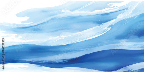A beautiful blue ocean with clouds over a snow-covered landscape, reflecting the light of a winter day