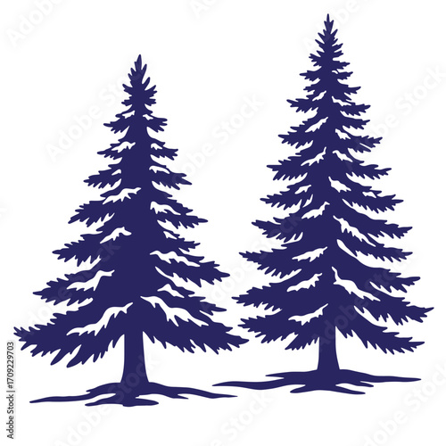 Two stylized silhouettes of evergreen coniferous trees in navy blue on a white background