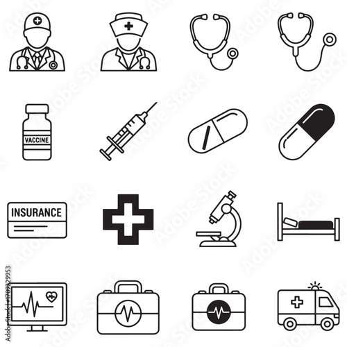 Minimalist healthcare glyph icon collection in black silhouette style. Includes pictograms of doctor, nurse, hospital, stethoscope, syringe, vaccine, pill, emergency 