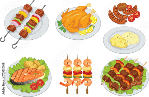 Tasty grilled and cooked food on plates vector set with roasted chicken, sausages, mashed potatoes, kebabs, shrimp skewers, salmon, and vegetables