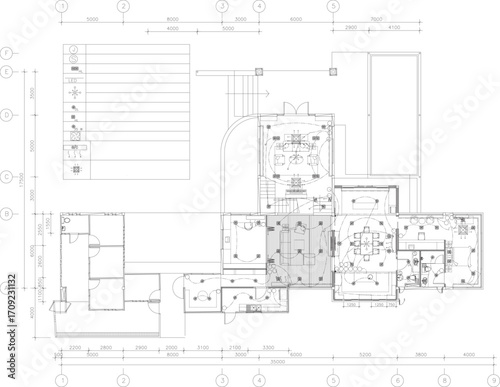"Drawing electrical layout 1st floor residential house power outlets lights interior design vector"