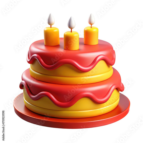 Delicious two tier birthday cake with three candles celebration dessert isolated on transparent background