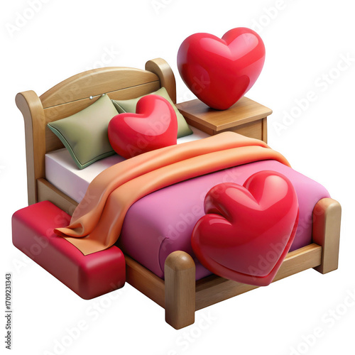 Cozy bed scene decorated with romantic red hearts and soft pillows love isolated on transparent background