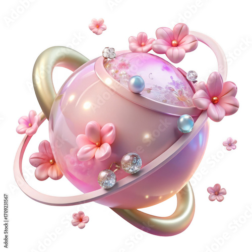 Whimsical pink teapot planet adorned with cherry blossoms and gems celestial fantasy isolated on transparent background