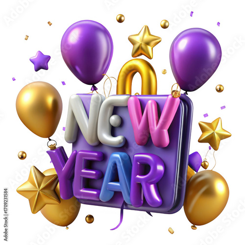 Shiny new year balloons stars festive celebration party invitation card design isolated on transparent background