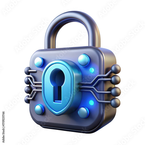 Futuristic digital padlock icon with glowing blue lights representing cybersecurity isolated on transparent background