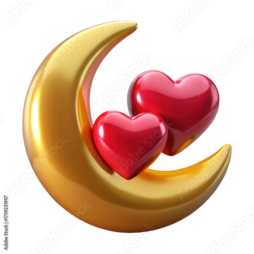 Golden crescent moon embracing two red hearts symbolizing love and romance isolated on transparent background