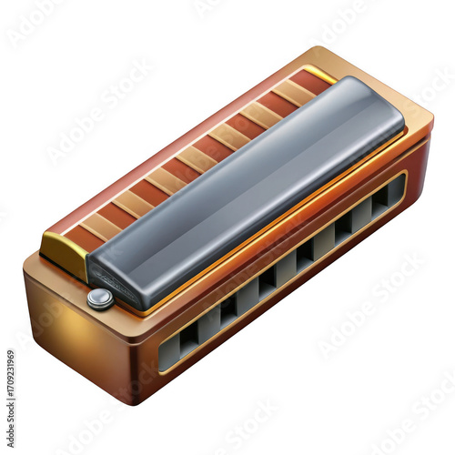 Close-up of a vintage brass harmonica with detailed metal and wooden elements isolated on transparent background