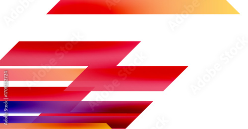 Abstract geometric design. Red, orange, purple shapes overlap white background. Modern, vibrant composition. Minimalist aesthetic.
