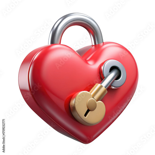 Heart shaped lock with key symbolizing love security and commitment isolated on transparent background
