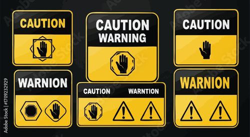 Safety warning signs cautioning against danger with hand stop symbols and alert icons