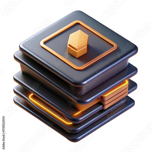 Digital abstract stacked data blocks with golden hexagonal icon futuristic technology concept isolated on transparent background