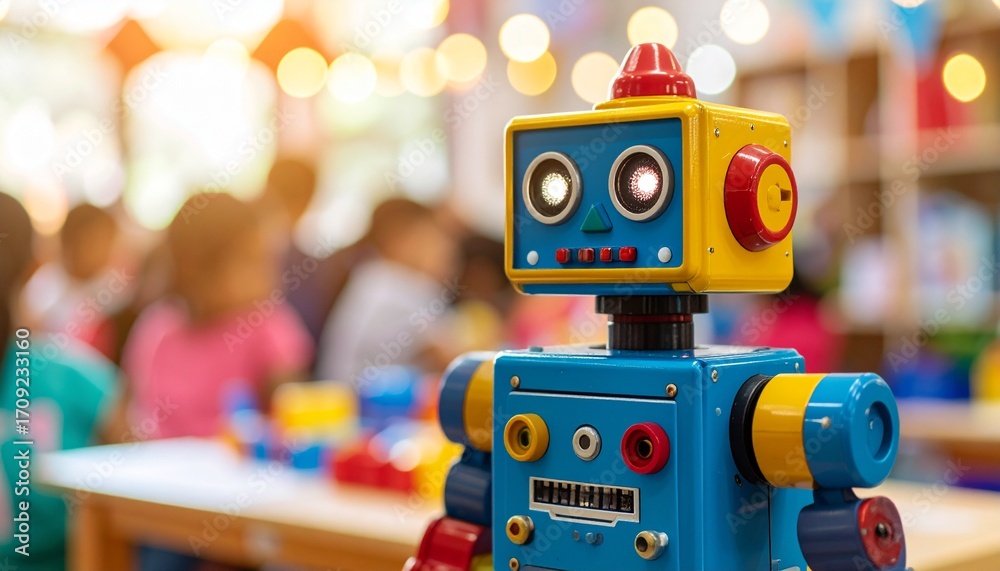 Fototapeta premium a Colorful Robot Toy with Flashing Lights in a Creative Learning Environment