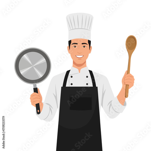 Vector Chef Illustration | Professional Cook with Pan and Spoon, Flat Minimal Style, White Background
