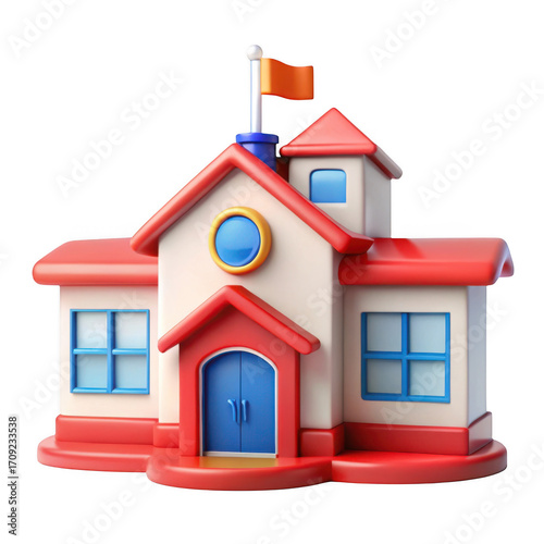 Whimsical children's school building with colorful design and flag isolated on transparent background