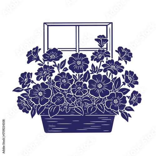 Vector illustration of a window box overflowing with dark blue flowers in a simple style