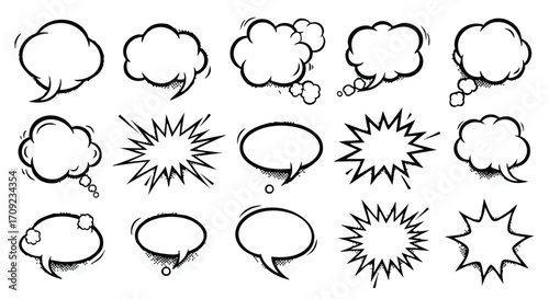 Dynamic comic book speech bubbles and explosion bursts for creative dialogue and impact