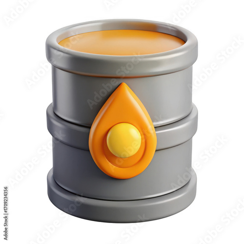 Stylized fuel barrel with oil drop icon for energy industry and resources isolated on transparent background