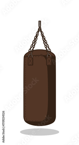 Hanging Brown Punching Bag with Metal Chains.