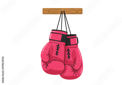 Hanging Pink Boxing Gloves with Black Trim and Stitching on a Wooden Bar.