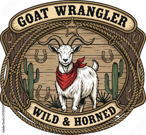 Fotografía Goat Wrangler Western Emblem – Vintage Black and White Badge with Cactus, Horses
