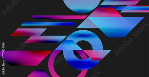 Abstract composition. Vivid gradients, dynamic shapes, flowing lines create modern visual experience. Bold colors dominate dark background.