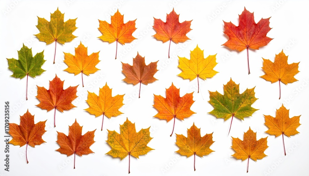 Fototapeta premium Collection of Colorful Maple Leaves Exhibiting Autumnal Tones Isolated on Clean White Surface Displaying Variety from Green to Red Seasonal