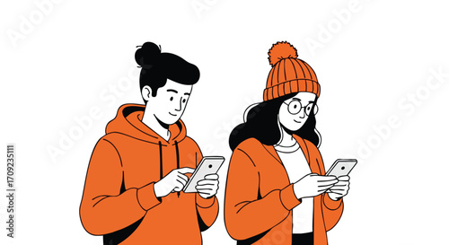 Young couple checking phones, communicating, and connecting in modern minimalist illustration